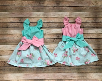 Girls Spring Easter Dress - Pink Aqua Floral Shabby Chic Mother's Day - Matching Sister Sibling 12 18 24 2T 3T 4T 5 6 7 8 9 10 11 12