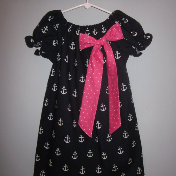 Girls Navy Anchor Nautical Print Spring Summer Dress with Bow 3 6 12 18 24 2T 3T 4T 5/6 7/8 9/10 Cruise dress Navy Hot Pink