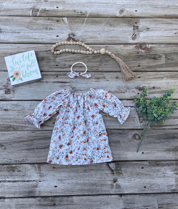Girls Boho Floral Dress: Copper Rust Green White - Fall, Spring, Easter Dress