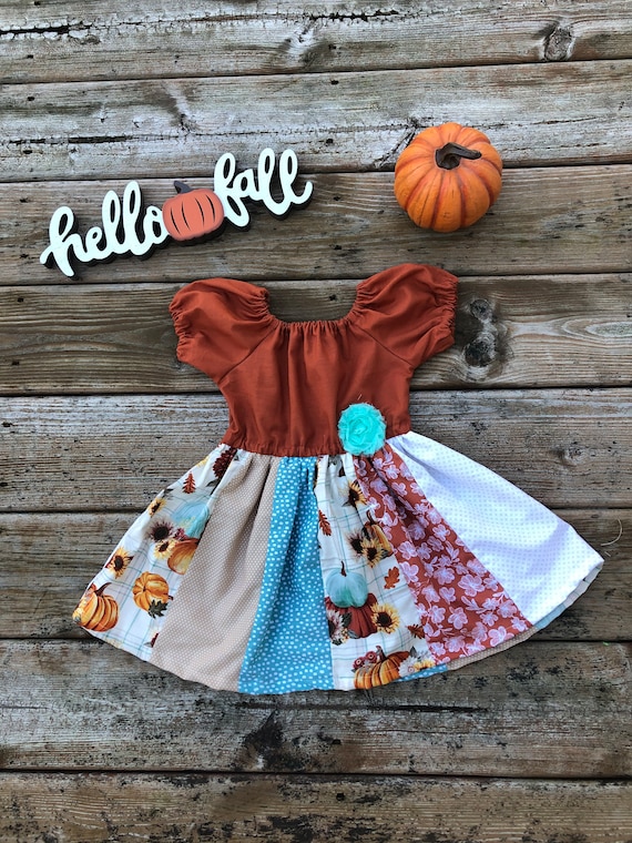 Girls Thanksgiving Dress Pumpkin Sunflowers Fall Leaves Orange
