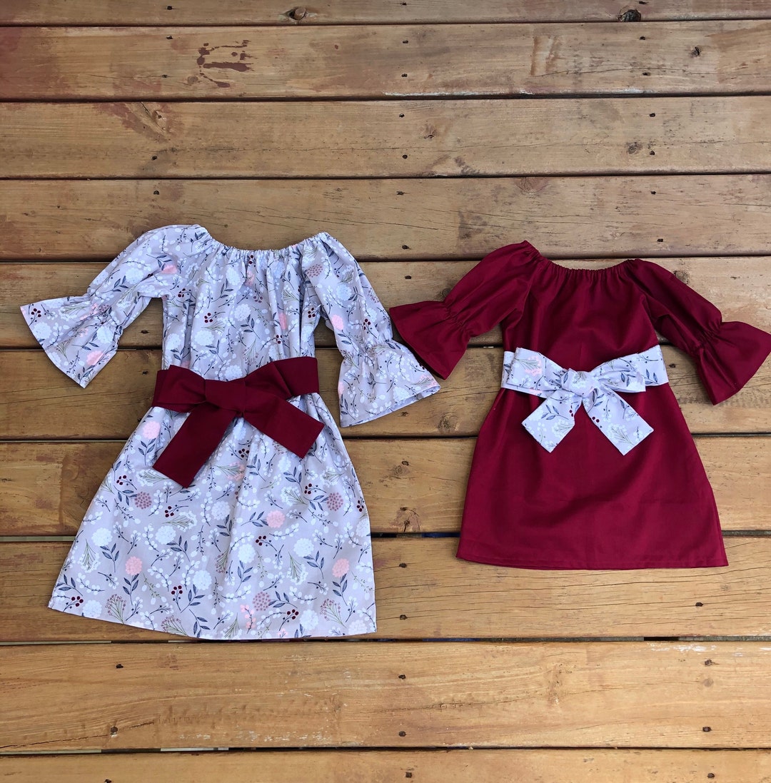 Vestido campesino de algodón para niñas: vino de otoño y gris con