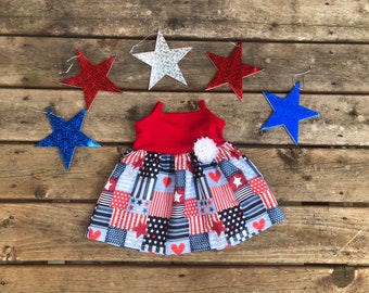 Girls Red White Blue Tank Dress 6 12 18 24 2 3 4 5/6 7/8 9/10 11/12 Vacation Cruise Stars Stripes Heart 4th of July Flag Patriotic Dress