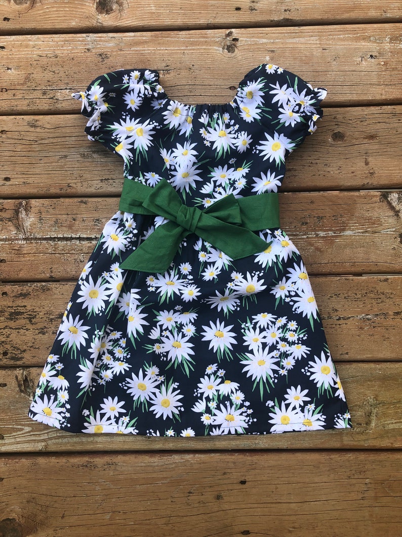 Girls Easter Dress Navy White Yellow Daisy Stripe 3 6 12 18 24 2t 3t 4t 5/6 7/8 9/10 Flower field Sister Sibling Outfit Spring Mother's Day Floral Short Sleeve