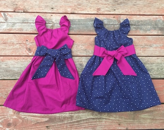 Girls Navy Polka Dot or Raspberry Color Flutter Sleeve Dress Sash 0 3 6 12 18 24 2T 3T 4T 5/6 7/8 9/10 11/12 Sibling Sister Mother's Day