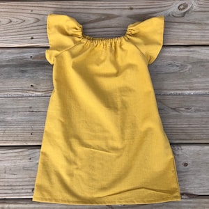 Girls Simple Dress Mustard Yellow Linen Look Peasant Dress 0 3 6 12 18 24 2T 3T 4T 5/6 7/8 9/10 11/12 Mother&#39;s Day