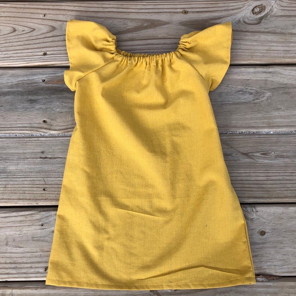 Girls Simple Dress Mustard Yellow Linen Look Peasant Dress 0 3 6 12 18 24 2T 3T 4T 5/6 7/8 9/10 11/12 Mother's Day