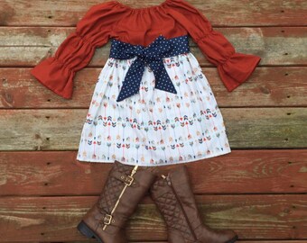 Girls Fall Thanksgiving Dress and Sash Pumpkin Orange Navy Gold Arrows 3 6 12 18 24 2t 3t 4t 5 6 7 8 9 10 Fall Autumn Dress Mothers Day