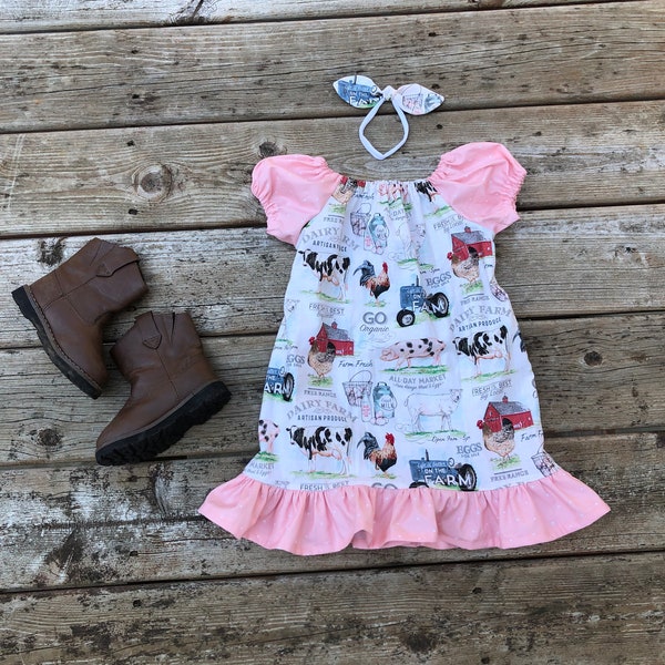 Girls Farm Dress Pig Cow Rooster Sheep Chicken Milk 3 6 12 18 24 2 3 4 5/6 7/8 9/10 11 12 Tractor Barn Hay Farmer County Fair Pageant Dress