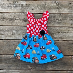 Girls Cars Inspired Dress 3 6 12 18 2t 3t 4t 5/6 7/8 9/10 Disney Inspired Lightning McQueen Luigi Mater Red Sheriff Guido Hollywood Studios