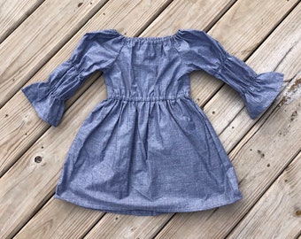 Girls Chambray Dress 6 12 18 24 2T 3T 4T 5/6 7/8 9/10 11/12 Lightweight Denim Look Blue Rustic Birthday Western Shabby Chic