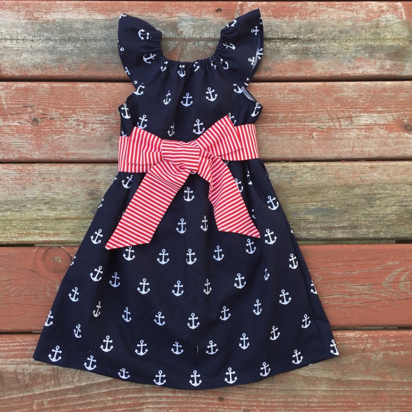 Girls Nautical Anchor Summer Dress Red White Blue with Sash 6 12 18 24 2 3 4 5/6 7/8 9/10 11/12 4th of July Independence Day Dress