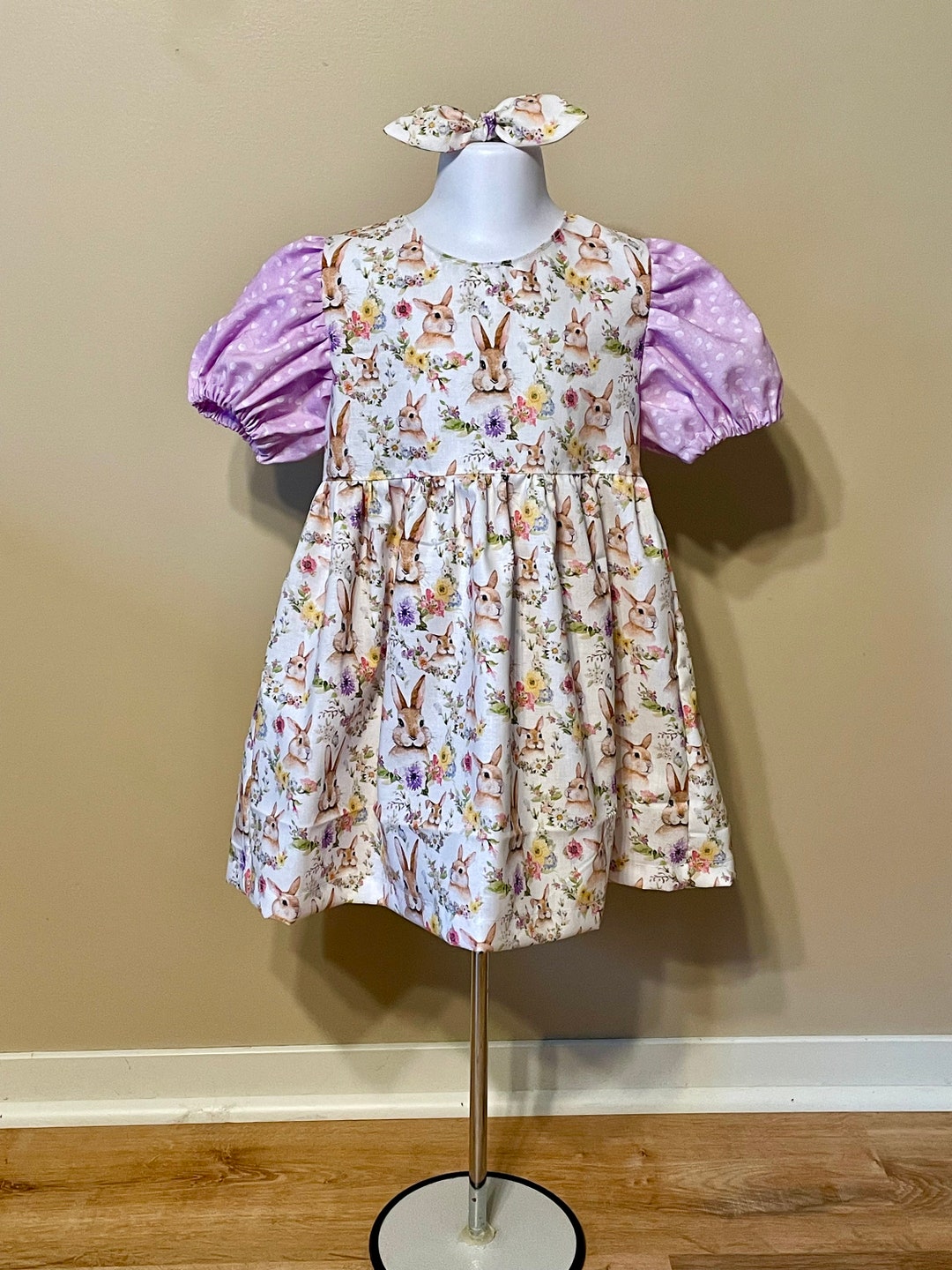 Girls Light Pink Bunny Applique Puff Sleeve Shirt Dress