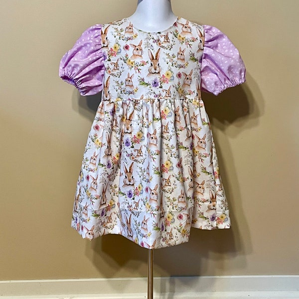 Girls Puff Sleeve Easter Dress 12 18 2t 3t 4t 5 6 7 8 10 Vintage rabbits bunnies Handmade Lilac Floral Toile limited purple heirloom