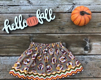 Girls Turkey Skirt Thanksgiving Skirt Orange Tan Brown Chevron 2T 4T 6 Twirl skirt holiday skirt - LIMITED availability - READY to SHIP