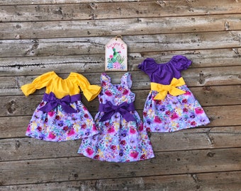 Girls Spring Dresses Purple Yellow Floral 3 6 12 18 24 2t 3t 4t 5/6 7/8 9/10 Easter Dress Mother's Day Sister Sibling Outfits Spring