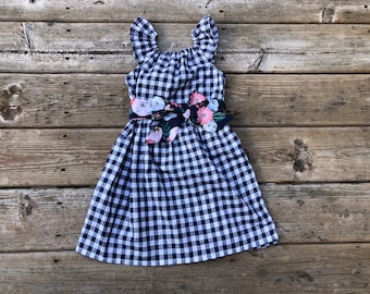 Girls Gingham Dress Navy Peach White Floral Dress 3 6 12 18 24 2t 3t 4t 5/6 7/8 9/10 Beach Picture Sister Mothers Day Sibling Outfits