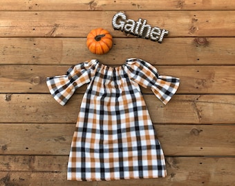 Girls Fall Plaid Thanksgiving Dress Black White Copper Tan 0 3 6 12 18 24 2T 3T 4T 5/6 7/8 9/10 Family Picture Fall Photo Shoot