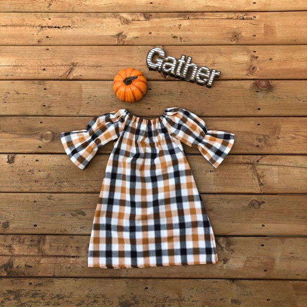 Girls Fall Plaid Thanksgiving Dress Black White Copper Tan 0 3 6 12 18 24 2T 3T 4T 5/6 7/8 9/10 Family Picture Fall Photo Shoot