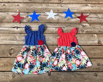 Girls Patriotic Dress Red White Blue Floral Flutter Sleeve Dress 3 6 12 18 24 2T 3T 4T 5/6 7/8 9/10 11/12 4th of July Memorial Day Matching
