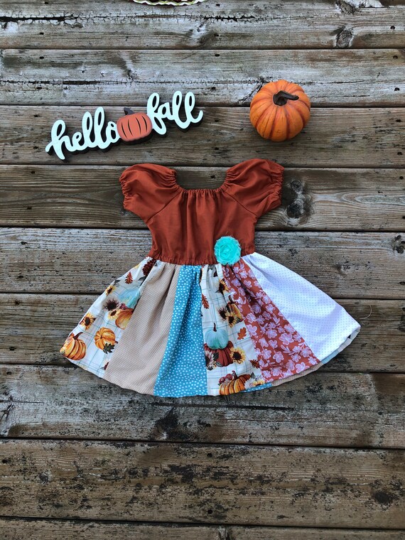 Girls Thanksgiving Dress Pumpkin Sunflowers Fall Leaves Orange Cream Tan Aqua Stripe 3 6 12 18 24 2t 3t 4t 5 6 7 8 9 10