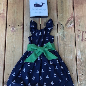 Girls Summer Dress Navy Green Anchor Nautical 3 6 12 18 24 2t 3t 4t 5/6 7 8 9/10 Beach 4th of July Sister Dresses Sibling Outfits Beach