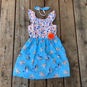 Girls Bluey Inspired Dress 0 3 6 12 18 2t 3t 4t 5/6 7/8 9/10 11/12 Disney Inspired Bluey Birthday Bingo Blue Heeler Red Heeler Dog Dress image 1