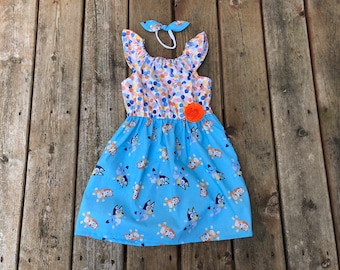 Girls Bluey Inspired Dress 0 3 6 12 18 2t 3t 4t 5/6 7/8 9/10 11/12 Disney Inspired Bluey Birthday  Bingo Blue Heeler Red Heeler Dog Dress