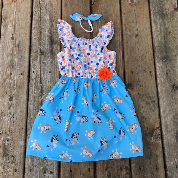 Girls Bluey Inspired Dress 0 3 6 12 18 2t 3t 4t 5/6 7/8 9/10 11/12 Disney Inspired Bluey Birthday  Bingo Blue Heeler Red Heeler Dog Dress