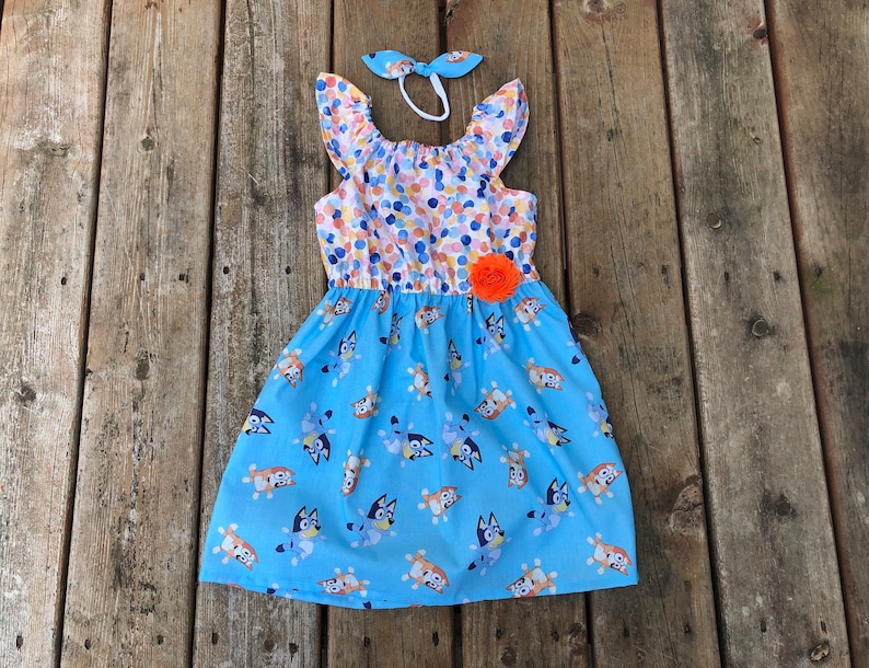 Girls Bluey Inspired Dress 0 3 6 12 18 2t 3t 4t 5/6 7/8 9/10 11/12 Disney Inspired Bluey Birthday Bingo Blue Heeler Red Heeler Dog Dress image 1