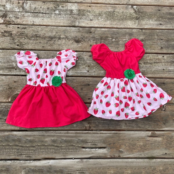 Strawberry Dress Matching Sisters 0 3 6 12 18 24 2t 3t 4t 5 6 7 8 9 10 Strawberry Shortcake Birthday Party Summer Patch Very Berry Red Green