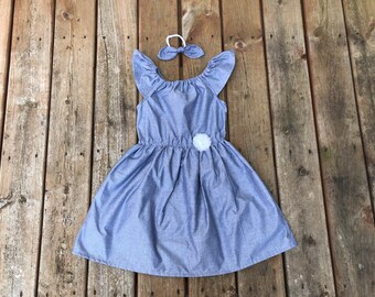 Girls Chambray Dress 6 12 18 24 2T 3T 4T 5/6 7/8 9/10 11/12 Lightweight Denim Look Blue Rustic Birthday Western Shabby Chic