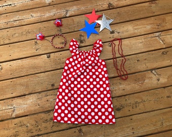 Girls Red Polka Dot Dress Flutter Sleeve - Mickey Inspired Disney Summer 4th of July Independence Day