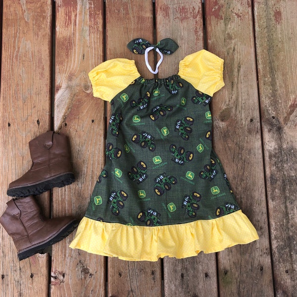 Girls John Deere Inspired Tractor Dress Green Yellow 3 6 12 18 24 2 3 4 5/6 7/8 9/10 11 12 Tractor Barn Hay Farmer County Fair Pageant Dress