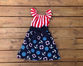Girls Red White Blue Sailor Dress With 