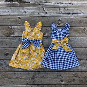 Girls Mustard Floral or Navy Gingham Check Flutter Sleeve Dress with Sash 0 3 6 12 18 24 2T 3T 4T 5/6 7/8 9/10 11/12 Sibling Sister Dresses