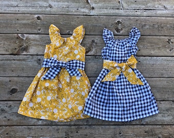 Girls Mustard Floral or Navy Gingham Check Flutter Sleeve Dress with Sash 0 3 6 12 18 24 2T 3T 4T 5/6 7/8 9/10 11/12 Sibling Sister Dresses