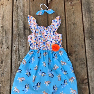 Girls Bluey Inspired Dress 0 3 6 12 18 2t 3t 4t 5/6 7/8 9/10 11/12 Disney Inspired Bluey Birthday Bingo Blue Heeler Red Heeler Dog Dress image 6