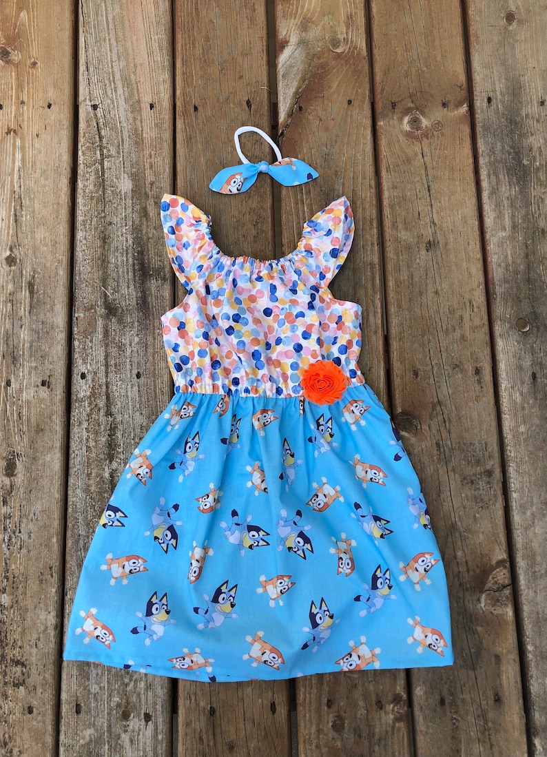 Girls Bluey Inspired Dress 0 3 6 12 18 2t 3t 4t 5/6 7/8 9/10 11/12 Disney Inspired Bluey Birthday Bingo Blue Heeler Red Heeler Dog Dress image 6