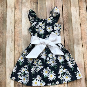Girls Easter Dress Navy White Yellow Daisy Stripe 3 6 12 18 24 2t 3t 4t 5/6 7/8 9/10 Flower field Sister Sibling Outfit Spring Mother's Day Floral Flutter