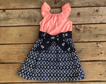 Girls Beach Dress Navy Coral Peach White Anchor Nautical 3 6 12 18 24 2t 3t 4t 5/6 7/8 9/10 Family Picture Sister Dress Sibling Mothers day