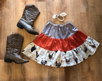 Girls 3 Tiered Chicken Skirt Tiered Gray Rust 12 18 24 2t 3t 4 5 6 8 10 Pageant Fair Birthday Farm Eggs Coop Collector Rooster Hobby