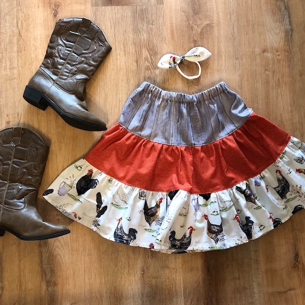 Girls 3 Tiered Chicken Skirt Tiered Gray Rust 12 18 24 2t 3t 4 5 6 8 10 Pageant Fair Birthday Farm Eggs Coop Collector Rooster Hobby