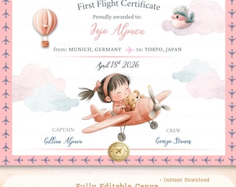 Certificato del primo volo del bebè / Ricordo stampabile / Bambina e orsacchiotto / Modello digitale in tela rosa