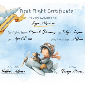 Puede incluir: Un "First Flight Certificate" estilo acuarela, otorgado a Jojo Alpaca. El vuelo fue de Múnich, Alemania, a Tokio, Japón. La ilustración muestra un niño y un perro en un biplano, con fecha de abril de 2026.