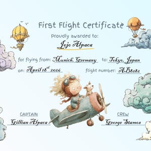 Plantilla digital de certificado de primer vuelo / Bebé niña y cachorro amigo perro