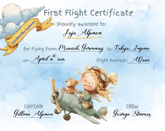 Modello digitale per il certificato del primo volo del bambino / Modifica in Canva