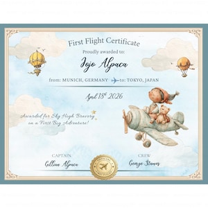 May include: A whimsical First Flight Certificate, featuring a watercolor illustration of a child and teddy bear in a vintage airplane. The certificate is awarded to Jojo Alpaca for their first big adventure, with details of the flight from Munich to Tokyo.