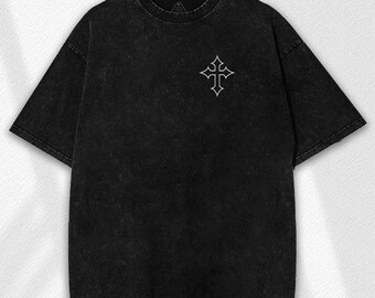 Abstract Jesus T-shirt: Oversized Washed Y2K Style - Edgy Cross