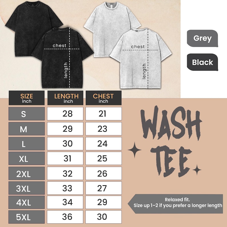 May include: A product image showcasing two short-sleeved t-shirts in grey and black, with a size chart detailing chest and length measurements in inches. The text "WASH TEE" is displayed, along with a note about relaxed fit and sizing.