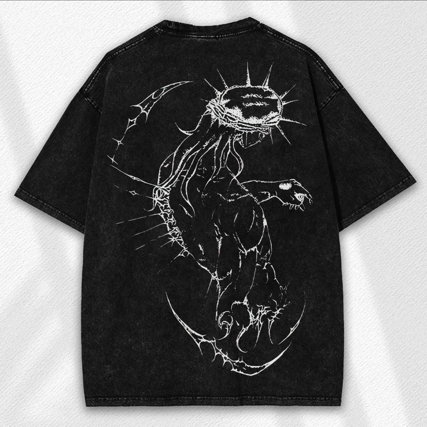 Abstract Jesus T-shirt: Oversized Washed Y2K Style - Edgy Cross